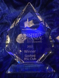 Gosford RSL wins two years running image of glass trophy with Spirit of ANZAC engraved 